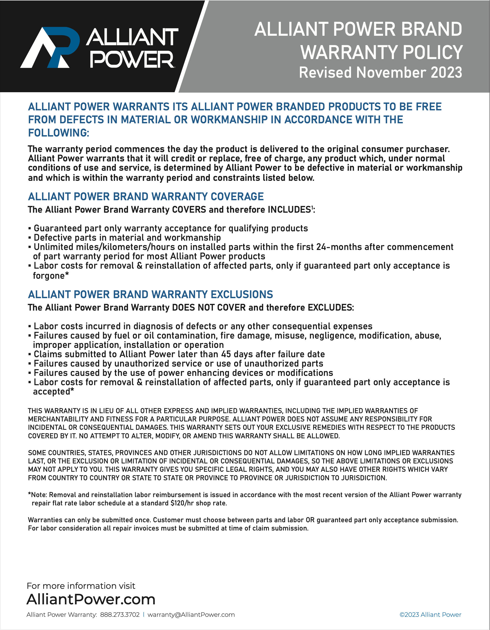 ALLIANT POWER BRAND WARRANTY POLICY